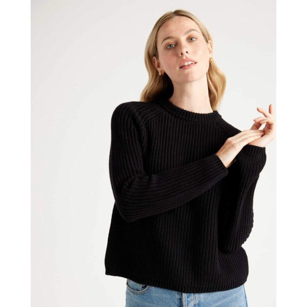 Quince 100% Organic Cotton Fisherman Crew Sweater Raglan Sleeve Black Small